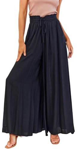 ROFUSSO Pantalons à Jambes Larges pour Femmes Pantalon Palazzo Léger Décontracté Pantalon Décontracté Pantalon D'été Élastique à Taille Haute Pantalon Elégant en Tissu de Couleur Unie avec Poches