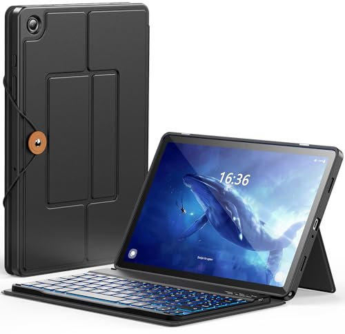 INFILAND Galaxy Tab A9 Plus Hülle mit Tastatur, Handschlaufe & Faltbare Ständer, Abnehmbare Magnetische Beleuchtete Tastatur für Samsung Tablet A9 Plus Hülle, Schwarz