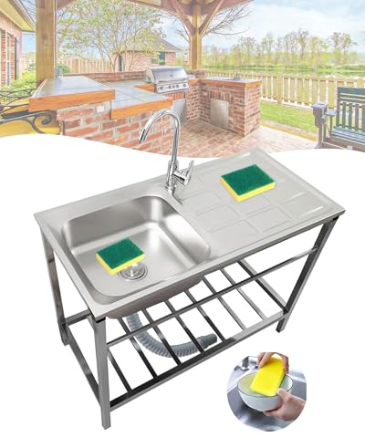 Fregadero Jardin Exterior Fregaderos De Cocina Fregadero Comercial de Acero Inoxidable con Grifo Y Estantes De Almacenamiento Fregaderos Industriales para Restaurante Bar Garaje(75x40xH75cm)