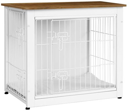 DWANTON Hundekäfigmöbel mit Kissen, Hundebox aus Holz mit Doppeltüren, Hundemöbel, Hundehütte Indoor für kleine Hunde, Beistelltisch, 69,1 cm L, Weiß + Warmbraun