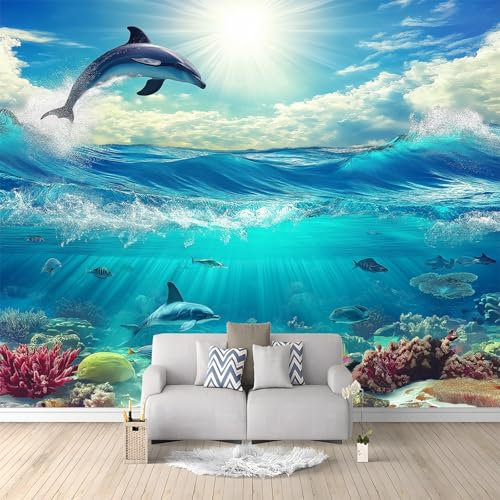 Papier Peint Panoramique 3D intissé 350 x 256 cm Bleu La Vie Marinedauphin, Papier Peint pour Salon Chambre restaurant Chambre d’enfants et bébé Décoration Murale