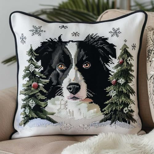 ORLUMY DIY Latch Hook Cushions Border Collie Animals Latch Hook Kits Dog and Christmas Tree 3D Pillow Materials Package Cover Latch Hook Kits Cushion Embroidery Set Craft Home Decoration 43x43cm