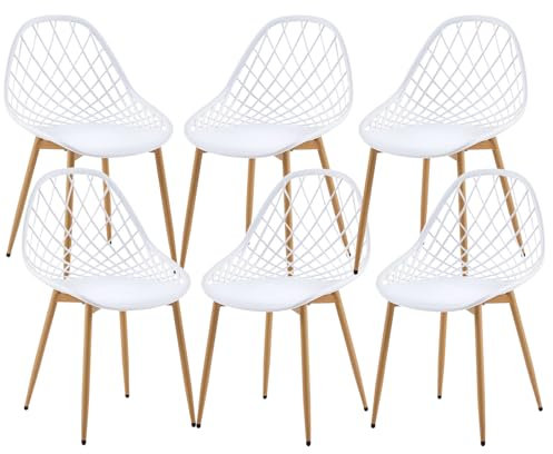 buybyroom Chaise Salle a Manger Lot de 6, Chaise Scandinave Cuisine Moderne avec Pieds en Métal, pour Cuisine Bureau Salon Salle de Conférence Balcon Terrasse Jardin, Design Ajouré, Blanche