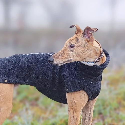 EDEL&SCHNELL Hundemantel warm, Hundejacke aus Wolle, Wintermantel für Hunde mit Rückenlänge von 70-75cm, Schwarz mit langem Kragen und Reflektoren