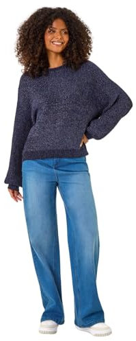Dusk Fashion Glitter Long Sleeve Knit Jumper for Women UK - Ladies Everyday Autumn Winter Round Neckline Comfy Soft Evening Vacation Work Party Night Out - Midnight Blue - Size 10