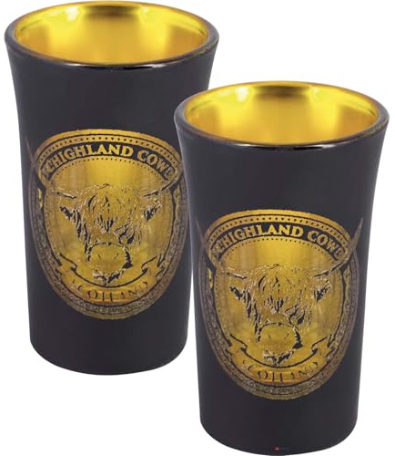 I LUV LTD Double Slammer Glasses Set, Bronze/Black Electroplated Scottish Highland Cow Design, Heavy Base & Dishwasher Safe, 50ml, Pack of 2