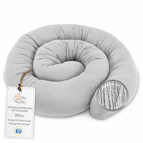 Totsy Baby Seitenschläferkissen Musselin Bettschlange Body Pillow 200 cm Baumwolle - Kopfkissen lang Bettrolle Schlafkissen Nackenrolle Grau Musselin