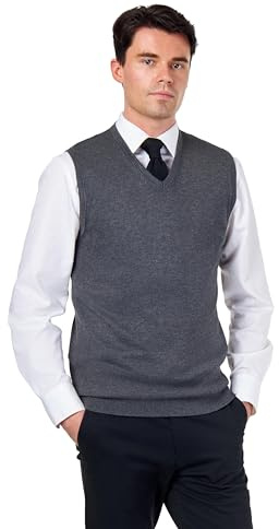 Men’s Knitted 100% Cotton Dark-Grey Sleeveless Jumper V-Neck Vest [JUMPER-VEST-543-DARK-GREY-L]