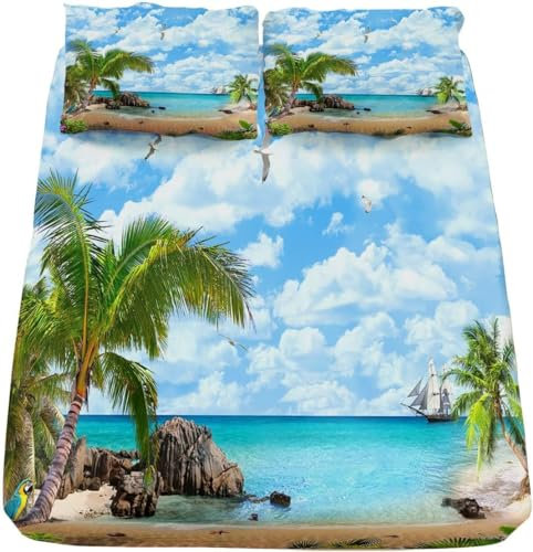 Spannbettlaken 160x200 Kokosnussbaum Spannbetttuch 160x200 Hawaii Weiche Mikrofaser Spannbetttücher Tiefe Tasche 30cm Mit 2 Kissenbezügen 80x80, F2175