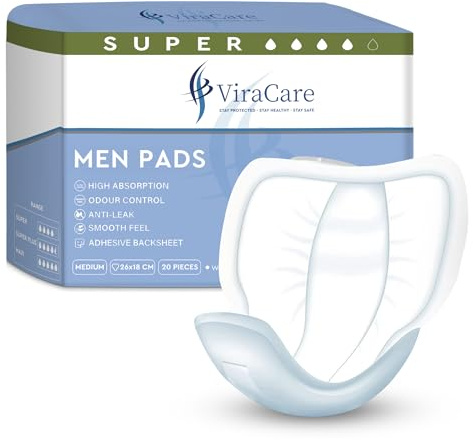 40 x Super Incontinence Pads Men, Adhesive Backsheet, High Absorption | Male Incontinence Pad, Pad for Men, Size 26x18cm (2 Packs of 20)
