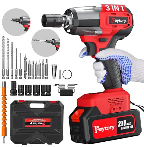 Brushless Cordless Impact Wrench, 1/2 Power Battery Impact Gun, 3-in-1 Electric Wrench, 2500RPM & Max Torque 550N.m, Power Impact Driver with 4.0Ah Battery, 4 Sockets & 12 Drill Sets for Car Home