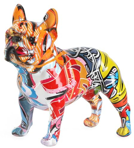 Fiorky Statue Französische Bulldogge, Tierstatue, Hund, Schreibtisch-Ornament, lustige, bunte Kunsttierstatue, kreative Graffiti-Hunde-Skulptur für Bücherregal, Tisch, TV-Schrank, moderne