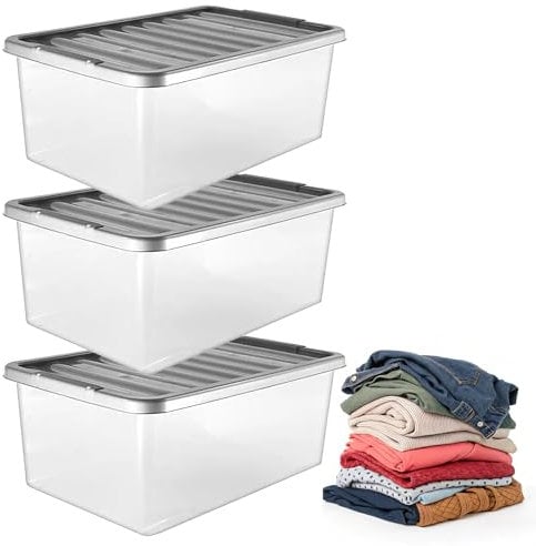 Pluto Packaging 3 Pack 32 Litre Strong Stackable Durable Underbed Storage Boxes Complete With Silver Lids