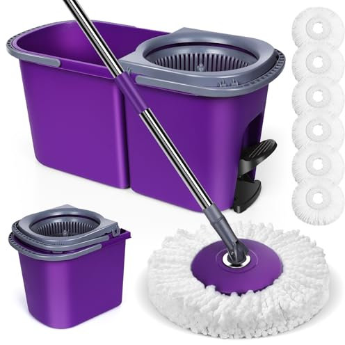 Myiosus Spin Mop and Buckets Sets, Floor Mop and Bucket Set with Foot Pedal Bucket, 6 Microfibre Mop Heads & Stainless Steel Handle, Wet & Dry Mops for Cleaning Hardwood Laminate Tile Floors