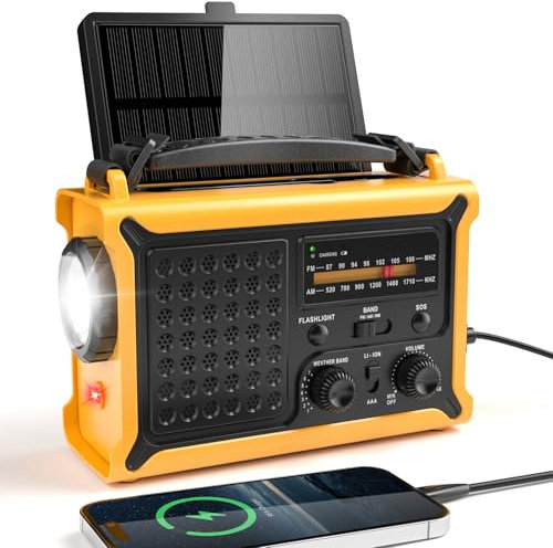 Solar Kurbelradio mit 12000mAh Akku Wiederaufladbare, Extra Große Solarpanel, AM/FM Notfallradio mit Taschenlampe & Leselicht, Hohe Klangtreue, Aufladbar Powerbank, SOS Alarm, für Outdoor, Camping