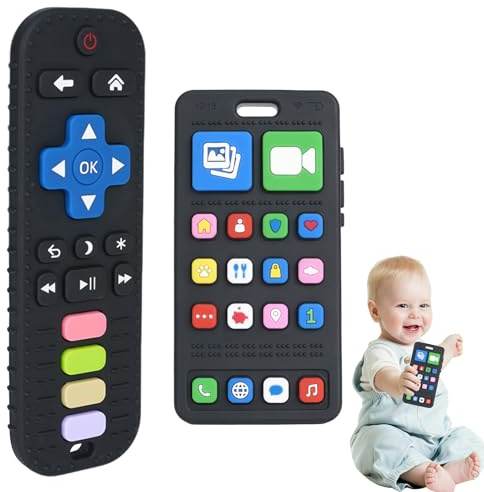 Aolso 2 Pack Silicone Teething Toys for Baby, TV Remote and Phone Shape Teether for Babies 3-12 Months,Sensory Toy for Babies, Baby Chew Toys-Remote and Phone