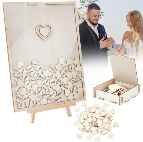 INTERWARM 1 Set Alternative Zum Hochzeitsgästebuch Rustikales Gästebuch Schild Für Hochzeitsfeiern Mit 120 Holzherz Und 1 Aufbewahrungsboxen Im Klappdeckel Design Ideal Für Jubiläen Und Geburtstage.
