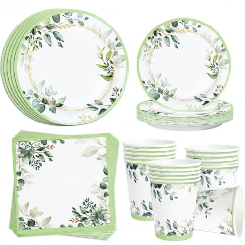 Vajilla de Verde, 96 Piezas Platos Desechables Elegantes, Plato Desechables Cumpleaños Verde, Juego de Vajilla con Platos Tazas Servilletas para Cumpleaños Baby Shower Boda Bautismo, 24 Invitados