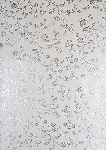 Netuno 5 Blatt Deko-Papier mit Muster 180 x 250 mm 150g Motivpapier Perlmutt-Ecru mit Blumenmotiv in Silber Bastelpapier bunt gemustert für Origami Scrapbooking Journaling Papier Deko Craft Paper