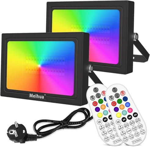 MEIHUA Faretto RGB 35W con Telecomando 10 Colori 12 Modalità 6 Luminosità Proiettore Luce RGB Esterno Funzione Memoria Timer IP66 Impermeabile Faro Colorato LED per Festa Giardino Corridoio 2 pezzi