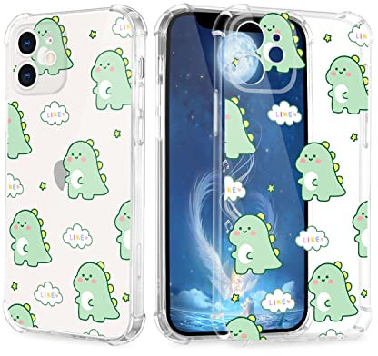 Green Dinosaur Clear Case for iPhone 12 Pro Max, Soft Cute Aesthetic Animal Dino Designed Shockproof Transparent TPU Bumper Kawaii Funny Pattern Print Protective Phone Case Cover Boys Girls