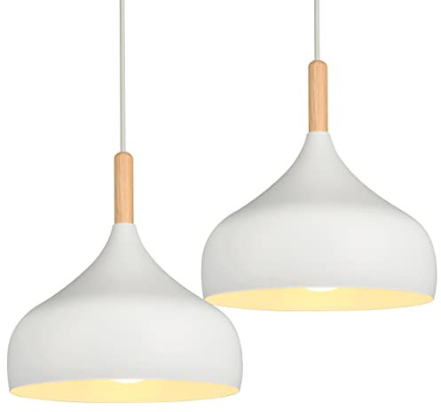 iDEGU Lot de 2 Lustres Suspensions Rétro 24CM Suspension Luminaire Moderne Style Scandinave Plafonnier E27 Métal Bois Lampe Suspension pour Chambre Salle à Manger Cuisine Salon (2 Pack Blanc)