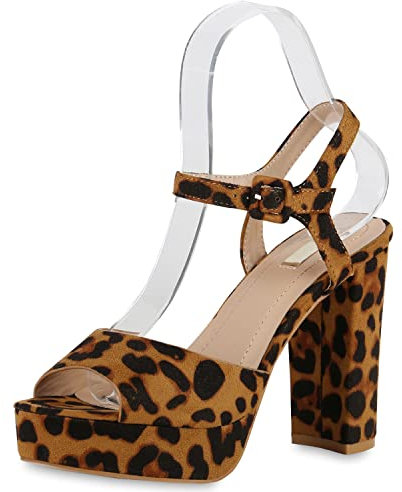 VAN HILL Damen Plateau Sandaletten Blockabsatz High Heels Wildleder-Optik Party Schuhe Absatzschuhe 175324 Leopard 37