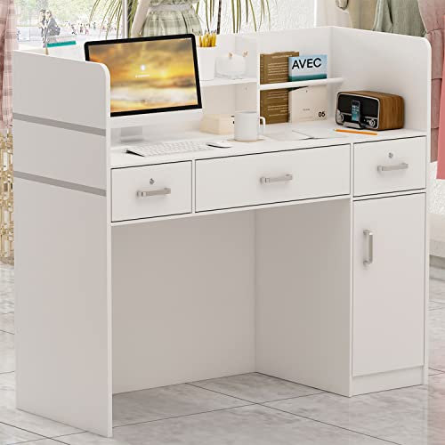 Caldion Comptoir de Réception,Comptoir d'accueil, Comptoir de Bureau avec 3 Tiroirs et étagères Table de Réception avec Panneau Privé pour Salon Salle de réception Caisse, Lobby Blanc