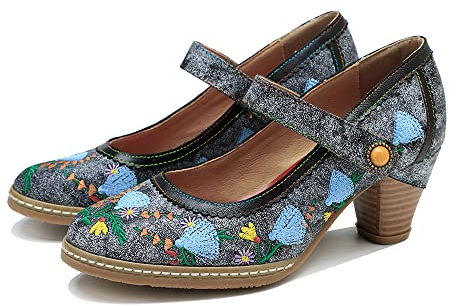 CrazycatZ Damen Leder Bunte Mary Jane Schuhe mit Schleife, Vintage Patchwork Mary Janes Pumps (2504, eu_Footwear_Size_System, Adult, Women, Numeric, medium, Numeric_42)