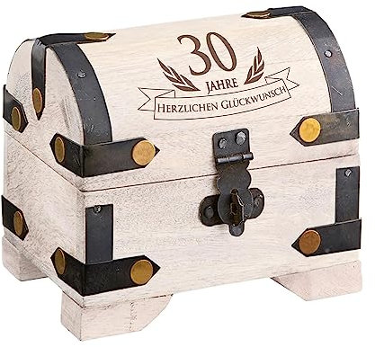 Casa Vivente Piraten Schatztruhe mit Gravur zum 30. Geburtstag, Weiße Schatzkiste, Geschenkbox mit Deckel, Dekorative Holztruhe, Geschenk Holzkiste mit Deckel, Verpackung für Geldgeschenke