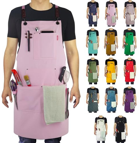 Stenffy Kitchen Apron, Work Apron, Canvas, Multiple Pockets, Gardening, Painting, BBQ, Carpenter, Sizes M to XXL, Pink