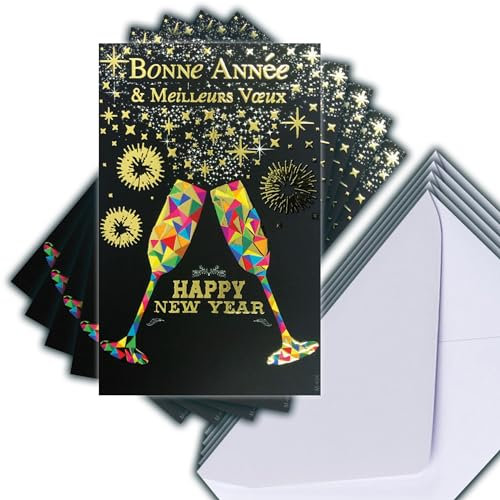 M5-494 Lot 5 Cartes Bonne Année Meilleurs Vœux en Or Doré Brillant + 5 Enveloppes Blanches Format 14x9cm - Flûtes Champagne Pétillant Bulles de Bonheur étoiles Nouvel An Fêtes de Fin d'Année