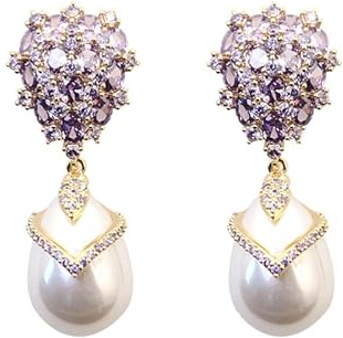RoseJeopal Goldene Tropfen Perlen Ohrringe Stecker Damen, Süßwasserperle Ohrstecker Hängend mit Violettem Zirkonia, Hypoallergene Gold Ohrringe für Frauen Mädchen