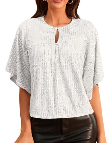 GRACE KARIN Damen Elegant Glitter Rundhals Tops 1/2 Ärmel Festliche Pailletten Oberteil Silber Weiß M