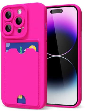 oakxco for iPhone 14 Pro Max Case with Card Holder, Cute Silicone Wallet Phone Case with Credit Card Slot, Soft Rubber Thin Slim Purse for Women Men with Shockproof Camera Cover Protection, Hot Pink