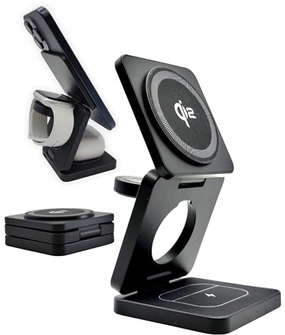 Caricatore Wireless 3 in 1 Pieghevole e Compatto con certificazione Qi2 – Stazione Ricarica compatibile MagSafe per iPhone, Apple Watch ed AirPods