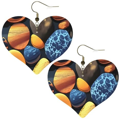 Boucles d'oreilles légères en forme de cœur avec imprimé galets jaunes, parfaites pour les fêtes et la Saint-Valentin.