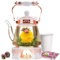Teabloom Elegant Teapot Gift Set (6 Pieces) - Heatproof Glass Teapot (40oz/1200ml), Porcelain Lid, Tea Warmer, Porcelain Loose Tea Infuser, 2 Gourmet Rose Blooming Teas