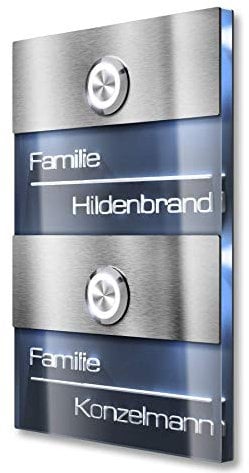 Metzler Türklingel 2-fach - Doppel-Klingelplatte aus Edelstahl - Acrylglas-Namensschild inklusive 3D-Gravur mit LED-Beleuchtung