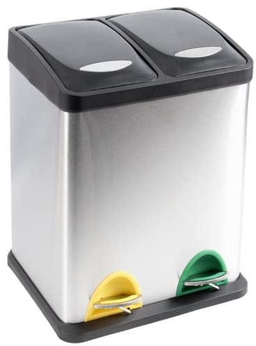 EVRE Indoor Kitchen and Waste Separation Recycling Bin Stainless Steel with Removable Buckets, Odour Seal and Colour Coded Pedals for Offices, Home and Classrooms (16L, 8L+8L)