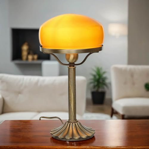 Licht-Erlebnisse Premium Tischlampe Messing Glas in Bronze hell Orange Schlafzimmer Büro 40,5 cm hoch E27 Pilz Lesen Arbeiten Jugendstil Tischleuchte