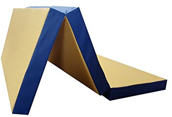 NiroSport Klappbare Turnmatte Gelb/Blau, 150 x 100 cm für zu Hause / 8cm hohe Weichbodenmatte für Gymnastik & Yoga/Kinder Sportmatte für Turnhallen - hautfreundliche & abwaschbare Fitnessmatte