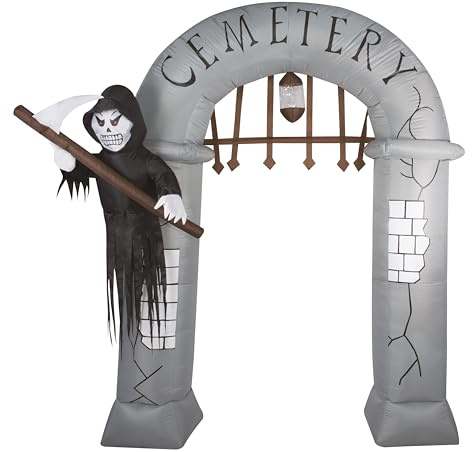 P'TIT CLOWN - 91507 - Entrée de Cimetière Géante Gonflable - Lumineux - Gonfleur Intégré - Décoration Intérieure et Extérieure pour Halloween - Fonctionne sur Secteur - 2,40 m de Haut