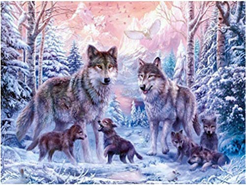 YEESAM ART Nouveautés de peinture par numéros pour adultes, enfants, neige, loup, forêt, arbres, animaux familiaux 40 x 50 cm, toile à faire soi-même, peinture à l'huile, cadeaux de Noël