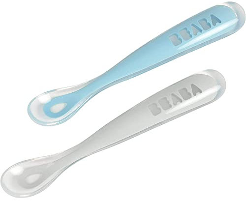 Béaba, Lot de 2 Cuillères en Silicone Bébé / Enfant 1er Âge, Dès 4 mois, Souple, Bout arrondi, Manche long et Ergonomique, Boite de transport incluse, Windy Blue