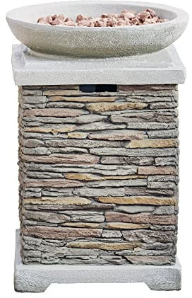 Teamson Home Outdoor Garden Propane Gas Fire Pit Burner, Smokeless Firepit, Patio Furniture Heater with Bowl, Stone Effect with Lava Rocks & Cover