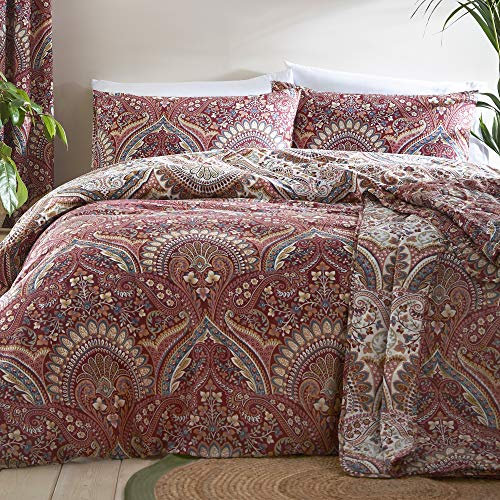 Dreams & Drapes Maroon Jacobean Bettbezug – King-Size-Größe (230 x 220 cm) – wendbare Designs – 2 Kissenbezüge – marokkanische böhmische Bettwäsche in Rot – exotischer persischer Bettbezug –