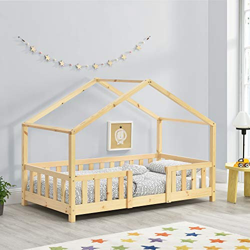 [en.casa] Kinderbett Treviolo Hausbett 80 x 160 cm Holzbett für Kinder mit Rausfallschutz Montessori Bettgestell mit Lattenrost Kiefernholz Holzfarben
