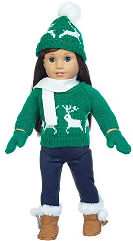 Stecto 5-teiliges Weihnachtskleidungs-Set für 46 cm große Puppe, Elch, Weihnachtspullover, Hose und Mütze, Schal, eine Puppe der Generation Gr. Medium, grün