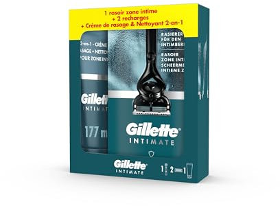 Gillette Intimate Rasoir Pour Les Zones Intimes Pour Hommes, Coffret Avec Manche Et 2 Cartouches De Recharge A 5 Lames Anti-Friction, Crème De Rasage, Nettoyant A l’Aloe Vera Pour Soin Du Pubis